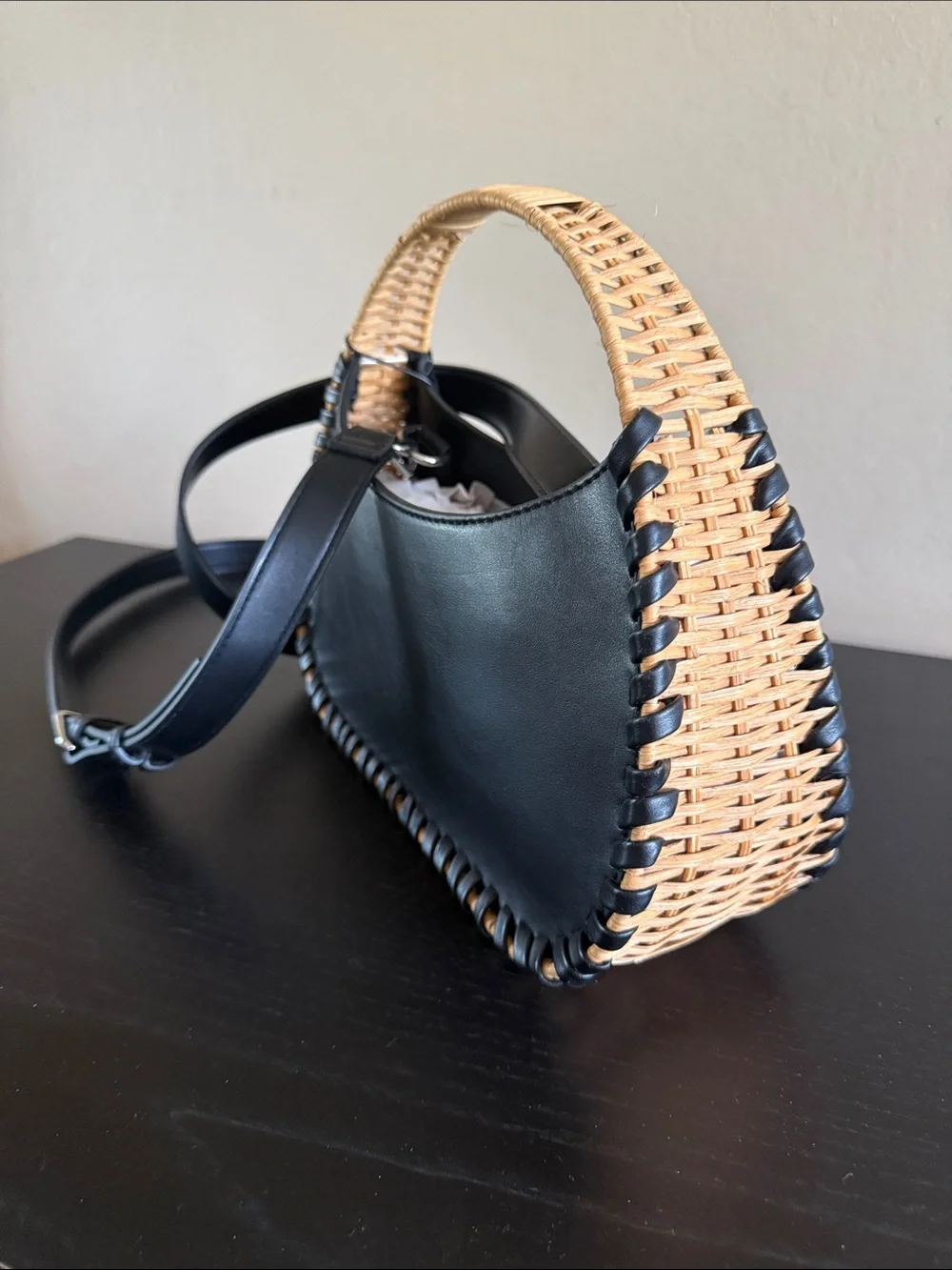BCBG Black Wicker Whipstitch Handbag Faux Leather Rattan Crossbody Bag NWT